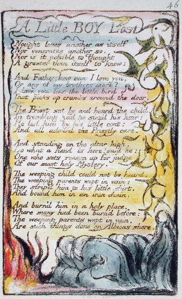 A Little Boy Lost, plate 46 (Bentley 50) fra Songs of Innocence and of Experience (Bentley Copy L) 1789-94 (hevet etsning med penn og wc) av William Blake