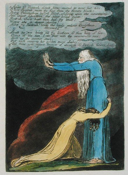 Arise O Rintrah... plate 9 fra Europa. A Prophecy, 1794 (relieff-etsing trykt i mørkebrunt med wc og olje på papir) av William Blake