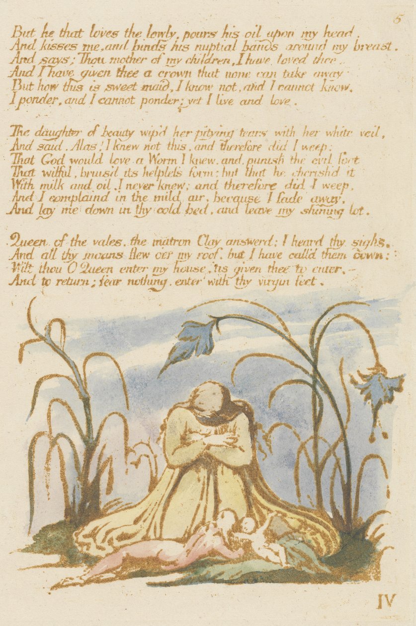 Men den som elsker de ydmyke..., plate 7 fra The Book of Thel, 1789 (relieff-etsing trykket i brunt med wc) av William Blake