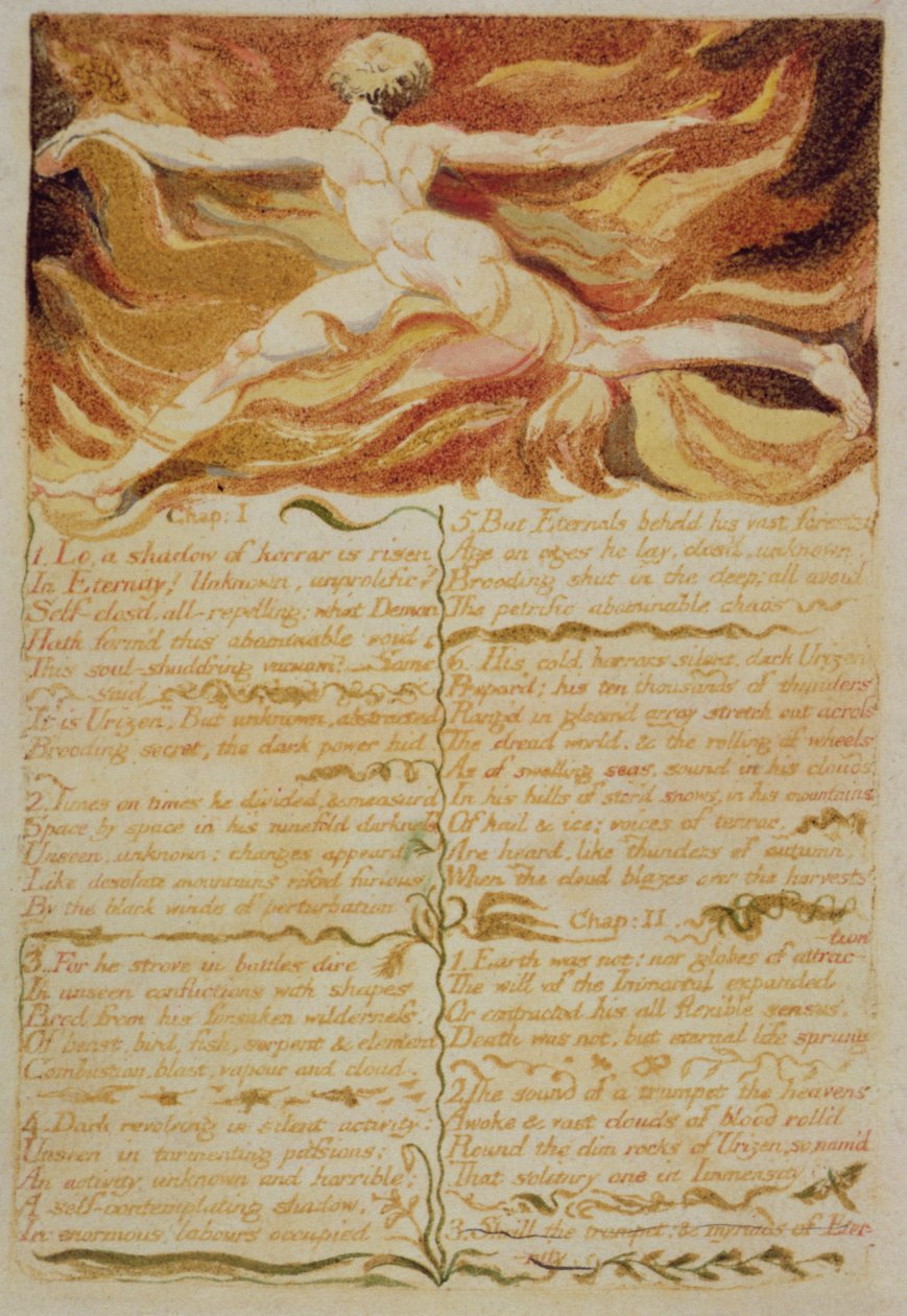 Kap. I, Lo, a shadow..., plate 5 fra The First Book of Urizen, 1794 (fargetrykt relieff etsing med blekk og wc) av William Blake