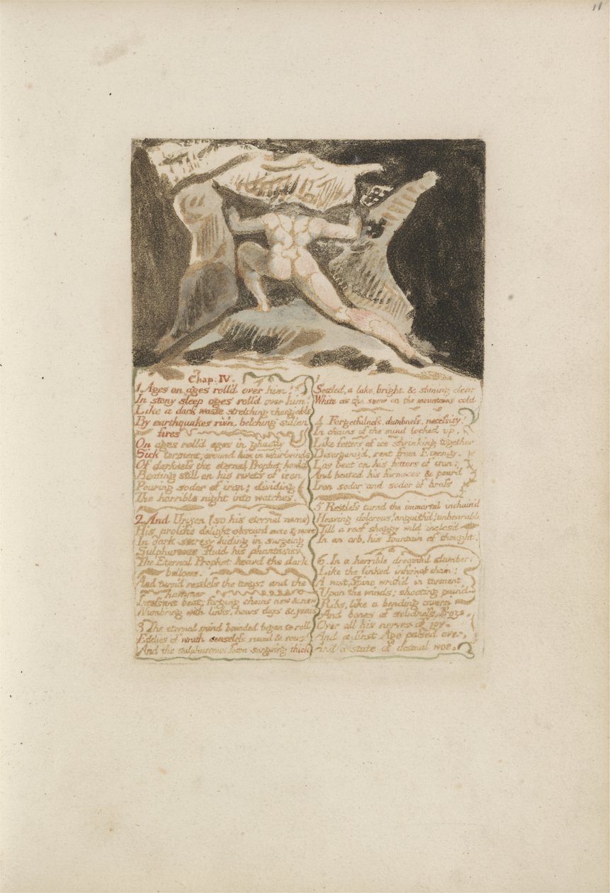 Kap: IV, Ages on ages rullet over ham..., plate 13 fra The First Book of Urizen, 1794 (fargetrykt relieff etsing med blekk og wc) av William Blake
