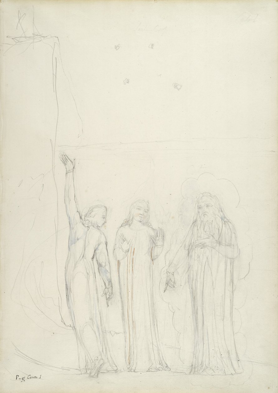 Dante, Virgil og Cato, illustrasjon til den guddommelige komedie av Dante Alighieri, 1824-27 (blyant med blekk og wc på papir) av William Blake