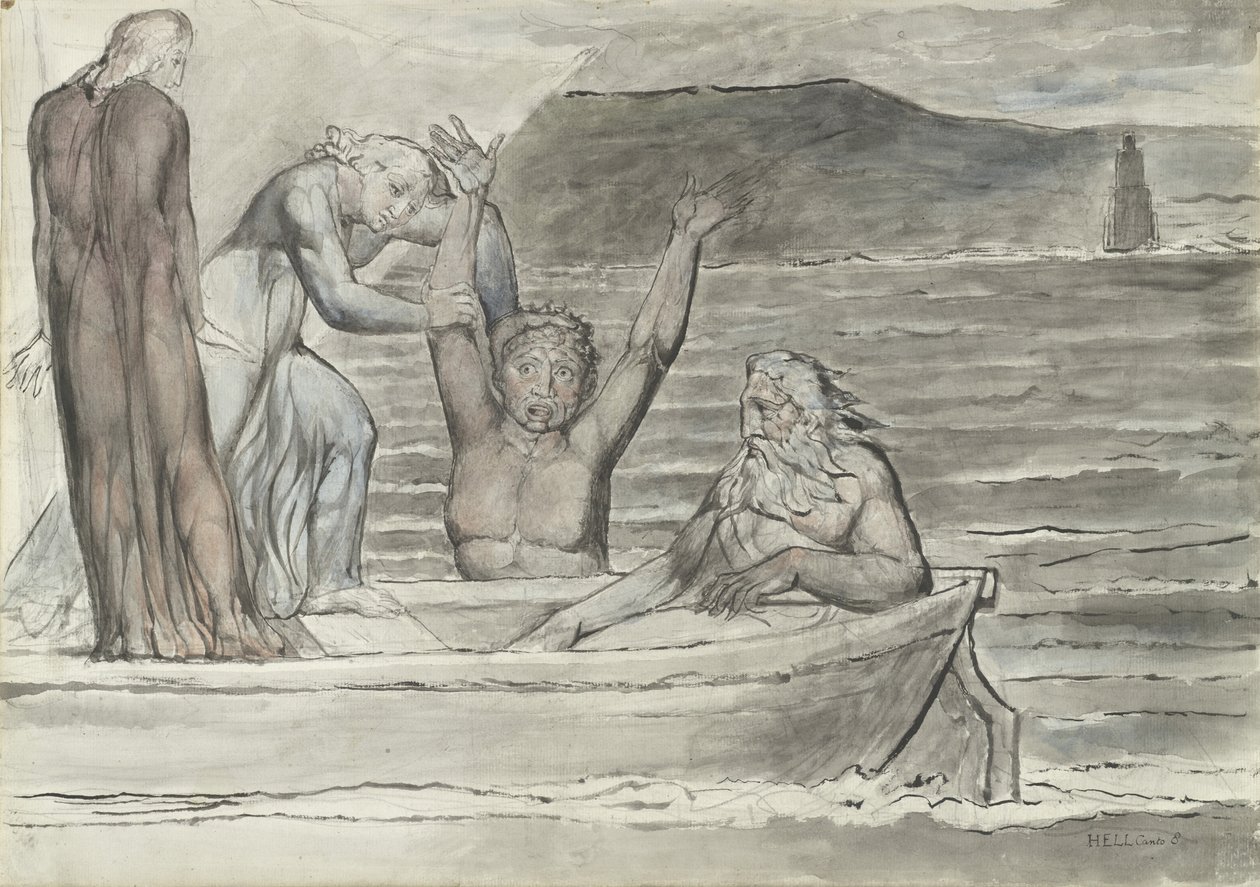 Dante og Virgil in the Skiff of Phlegyas blir hyllet av Filippo Argenti, illustrasjon til den guddommelige komedie av Dante Alighieri, 1824-27 (penn og blekk med wc over blyant og kritt på papir) av William Blake