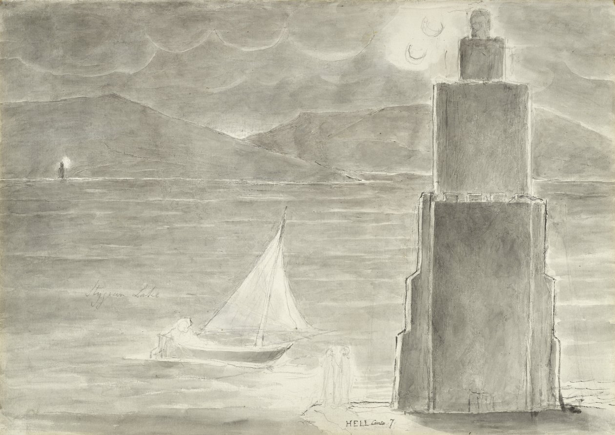 Dante and Virgil on the Edge of the Stygian Pool, illustrasjon til den guddommelige komedie av Dante Alighieri, 1824-27 (penn og blekk med wc, vask og kritt på papir) av William Blake
