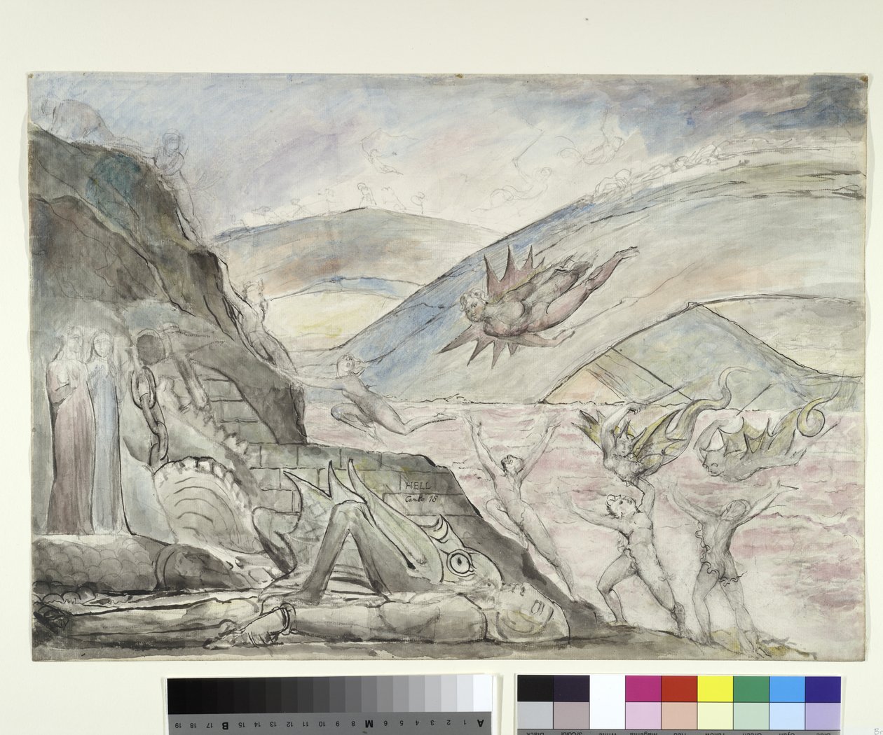 Demoner som plager forførerne til Malebolge, illustrasjon til den guddommelige komedie av Dante Alighieri, 1824-27 (penn og blekk med wc over blyant og kritt på papir) av William Blake