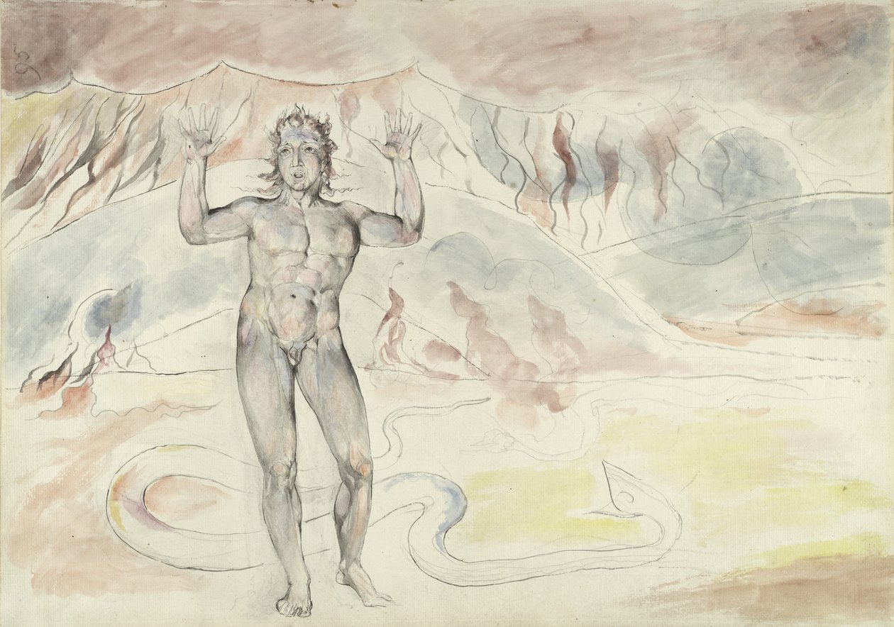 Donati forvandlet til en slange; Francesco deCavalcanti omformet til en mann, illustrasjon til den guddommelige komedie av Dante Alighieri, 1824-27 (penn og blekk med wc over blyant og kritt på papir) av William Blake