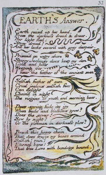 Earths Answer, plate 32 (Bentley 31) fra Songs of Innocence and of Experience (Bentley Copy L) 1789-94 (relieff-etsing med penn og wc) av William Blake
