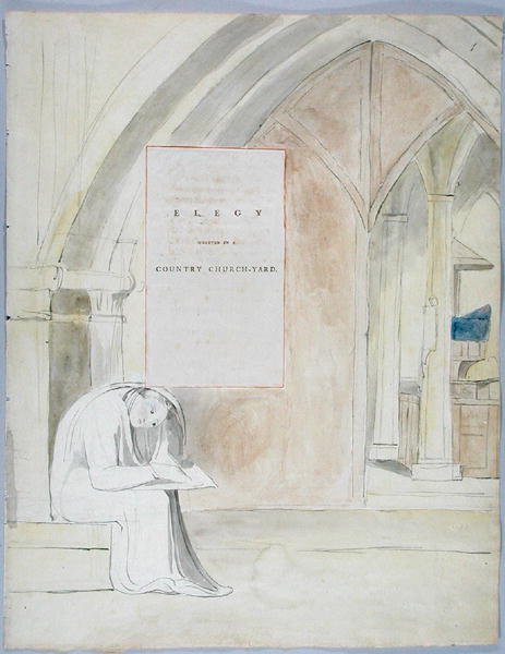 Elegy skrevet i et landlig kirkegård, design 105 fra The Poems of Thomas Gray, 1797-98 (wc med penn og blekk på papir) av William Blake