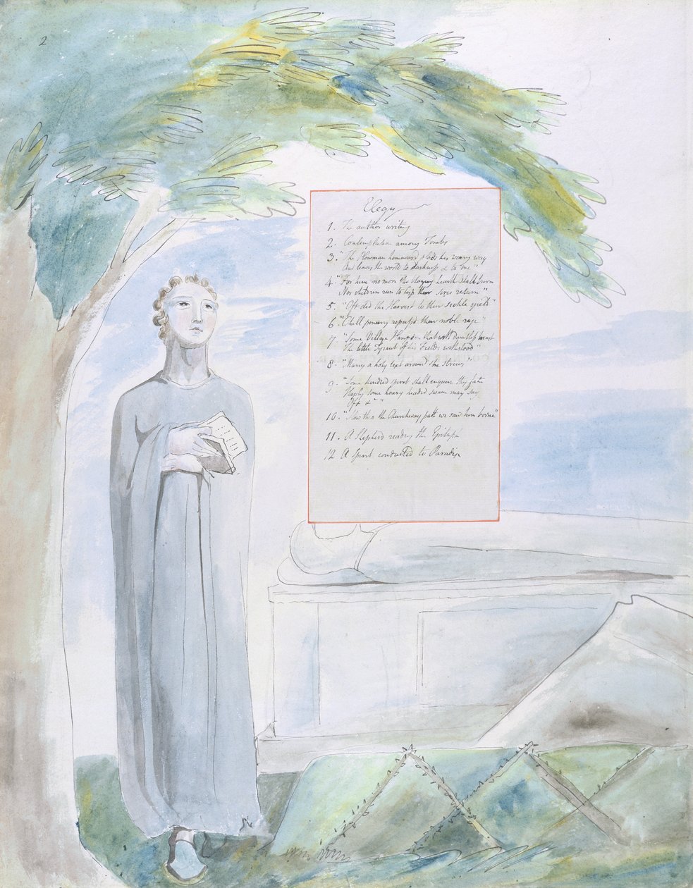 Elegy skrevet i et landlig kirkegård, design 106 fra The Poems of Thomas Gray, 1797-98 (wc med penn og blekk på papir) av William Blake