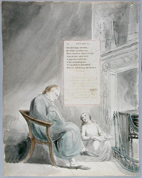 Epitafium på Mrs. Clarke, design 104 fra The Poems of Thomas Gray, 1797-98 (wc med penn og blekk på papir) av William Blake