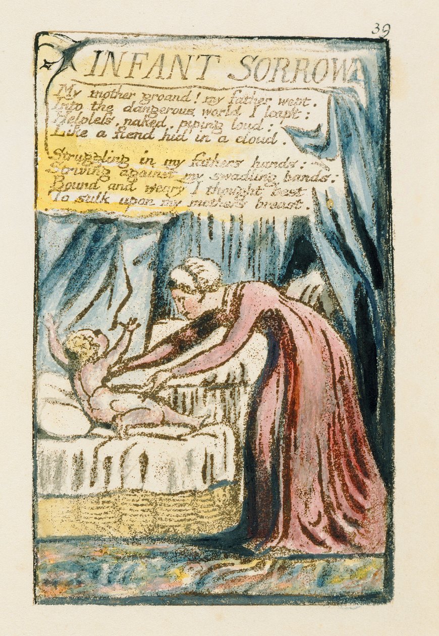 'Infant Sorrow', plate 39 (Bentley 48) fra 'Songs of Innocence and of Experience' (Bentley Copy L) 1789-94 (relieff etsing med penn og wc) av William Blake