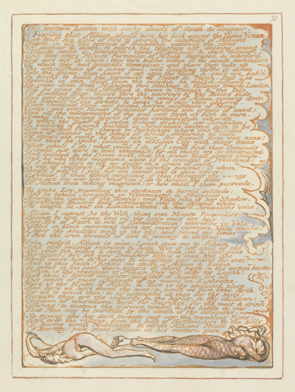 Jerusalem His Western Heaven..., pl.31, fra Jerusalem the Emanation of the Giant Albion av William Blake (1757-1827), 1804-1820 (relieff-etsing med penn og wc på papir) av William Blake