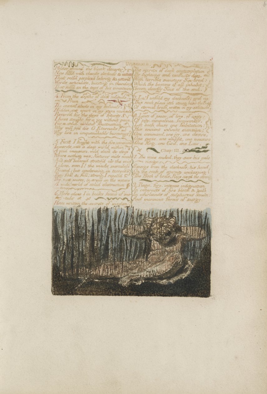 Mønster rundt de dystre ørkene..., plate 6 fra The First Book of Urizen, 1794 (fargetrykt relieff etsing med blekk og wc) av William Blake