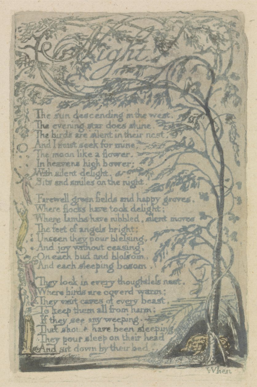 Natt, plate 29 fra Songs of Innocence, 1789 (håndfarget relieff etsing med akvarell) av William Blake