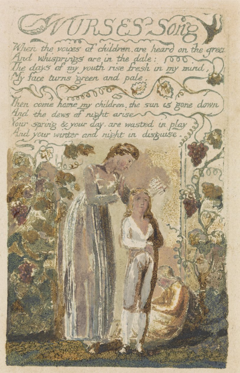 Nurses Song, plate 36 fra Songs of Experience, 1794 (relieffetsing med wc) av William Blake