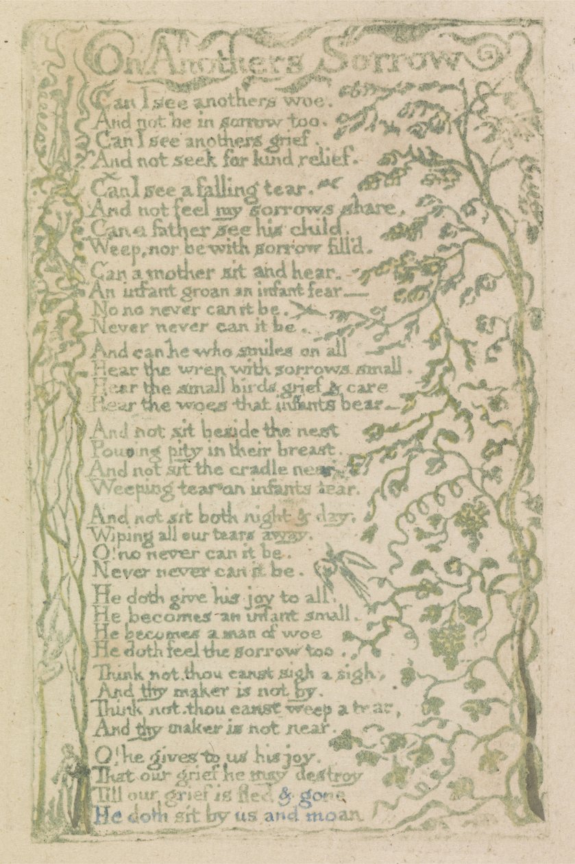 On Anothers Sorrow, plate 7 fra Songs of Innocence, 1789 (håndfarget relieff etsing med akvarell) av William Blake