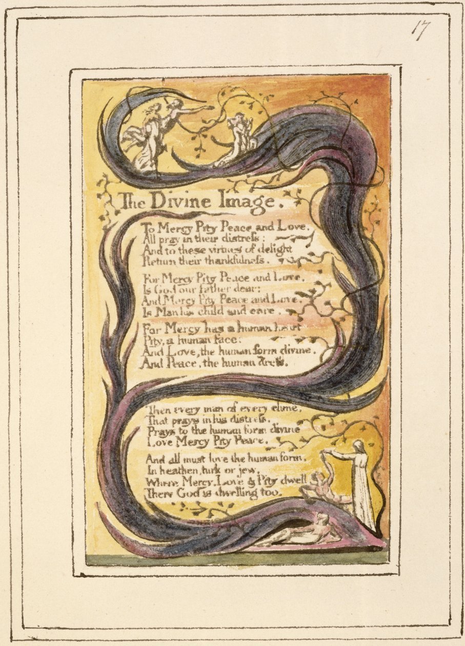 P.124-1950.pt17 The Divine Image: plate 17 fra Songs of Innocence and of Experience (kopi R) ca. 1802-08 (etsing, blekk og wc) av William Blake
