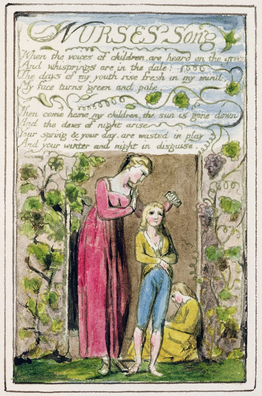 P.124-1950.pt39 Nurse's Song: plate 39 fra 'Songs of Innocence and of Experience' (kopi R) c.1802-08 (etsing, blekk og wc) av William Blake