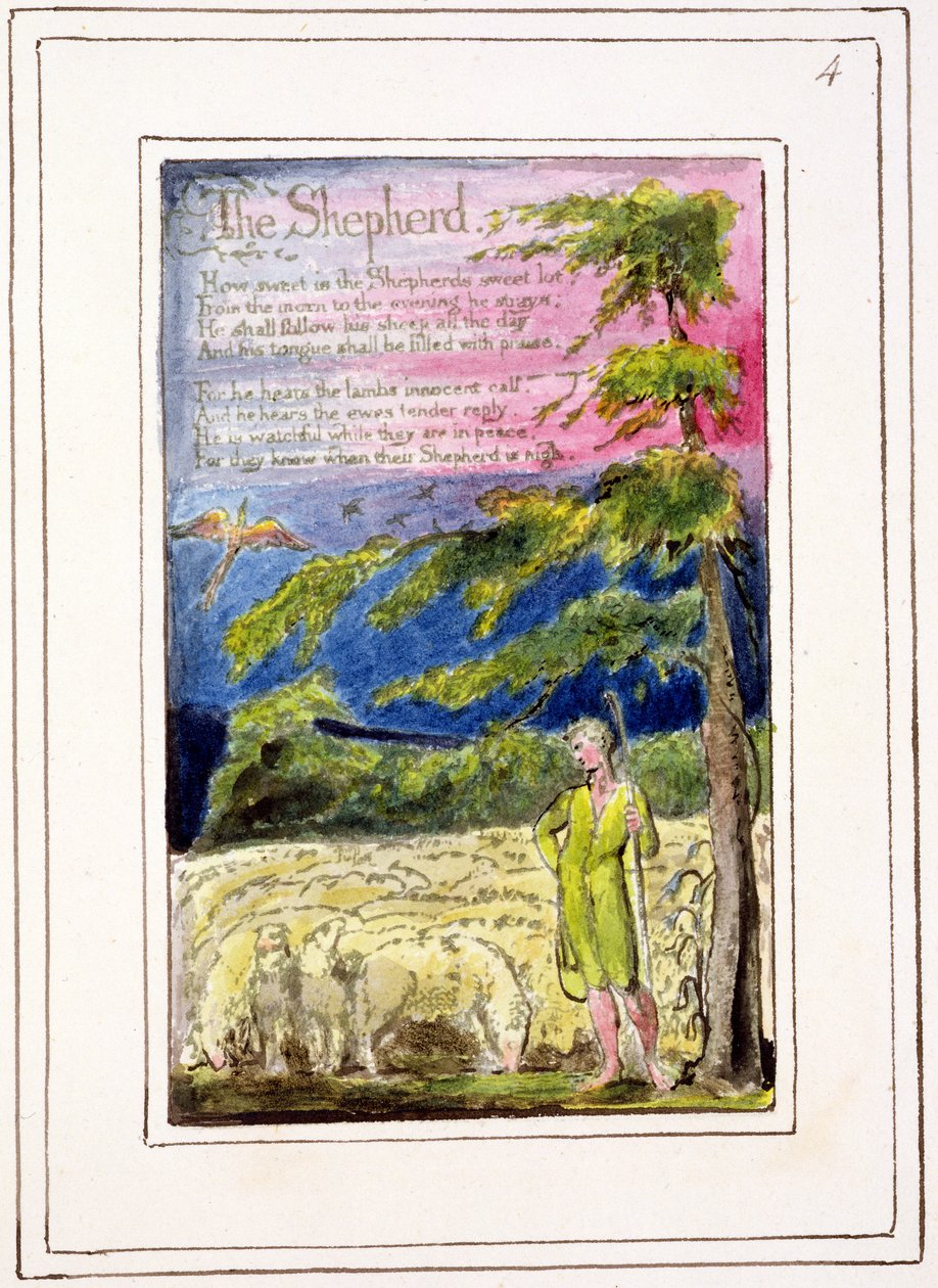 P.124-1950.pt4 Hyrden: plate 4 fra Songs of Innocence and of Experience (kopi R) c.1802-08 (etsing, blekk og wc) av William Blake