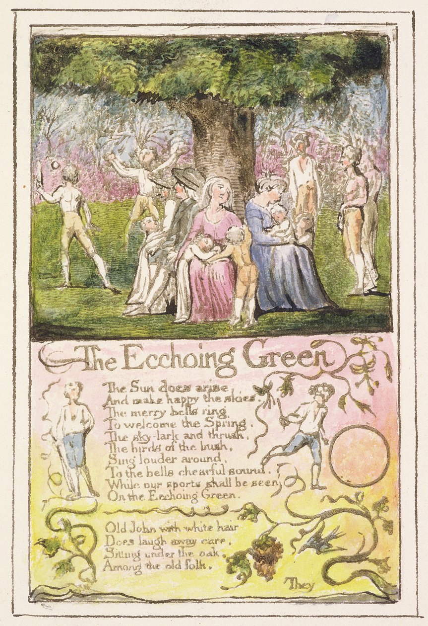 P.124-1950.pt5 The Echoing Green: plate 5 fra Songs of Innocence and of Experience (kopi R) c.1802-08 (etsing, blekk og wc) av William Blake