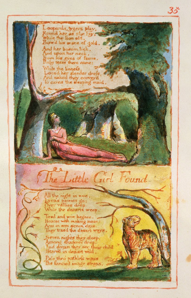 S.125-1950.pt35 Den lille jenta funnet: plate 35 fra Songs of Innocence and of Experience (kopi AA) c.1815-26 (etsing, blekk og wc) av William Blake