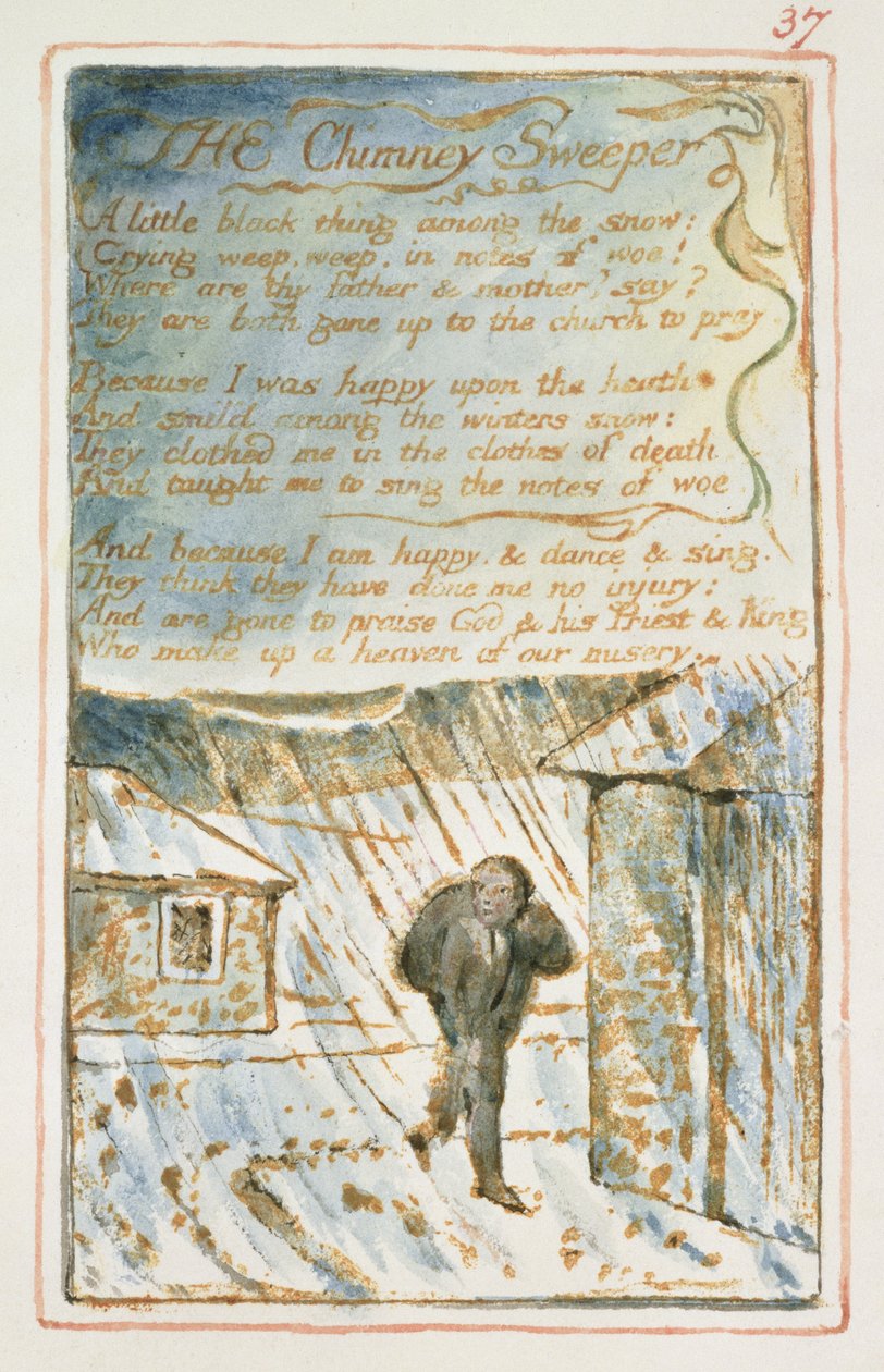 P.125-1950.pt37 Skorsteinsfeieren: plate 37 fra Songs of Innocence and of Experience (kopi AA) ca. 1815-26 (etsing, blekk og wc) av William Blake
