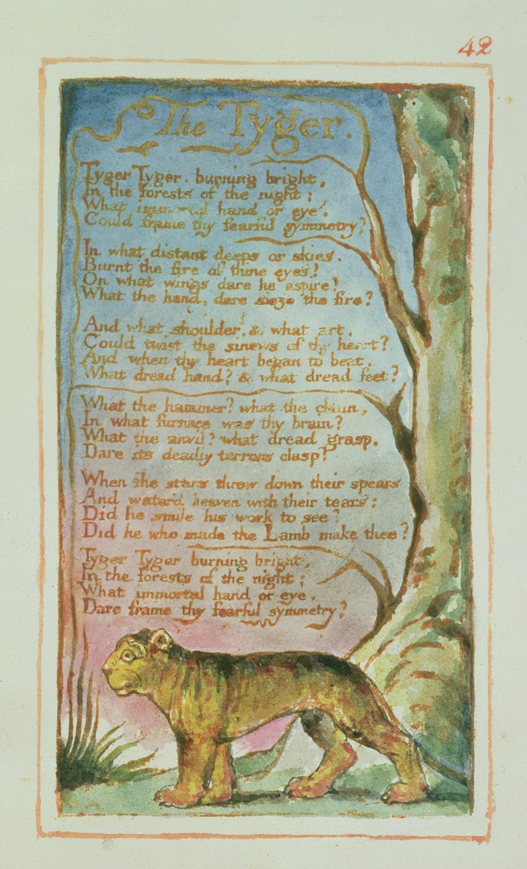 S.125-1950.pt42 Tygeren: plate 42 fra Songs of Innocence and of Experience (kopi AA) c.1815-26 (etsing, blekk og wc) av William Blake