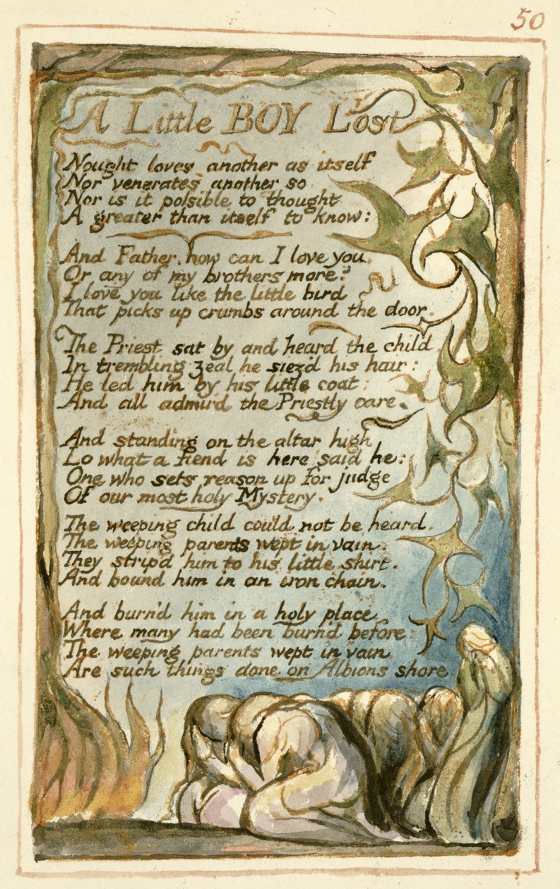S.125-1950.pt50 A Little Boy Lost: plate 50 fra Songs of Innocence and of Experience (kopi AA) c.1815-26 (etsing, blekk og wc) av William Blake