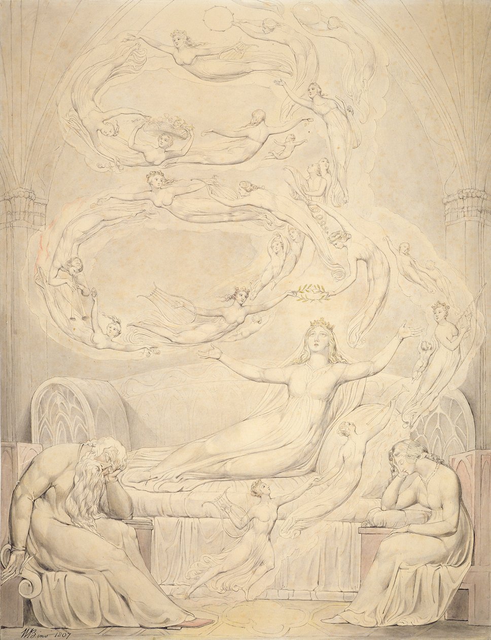 Dronning Katherines drøm, 1807 (penn med vask over grafitt på papir) av William Blake