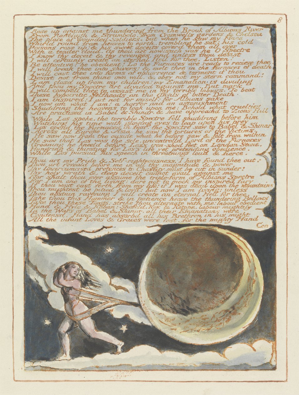Rose up against me..., plate 8 fra Jerusalem, 1804-20 (relieff-etsing trykt i oransje med penn og wc) av William Blake