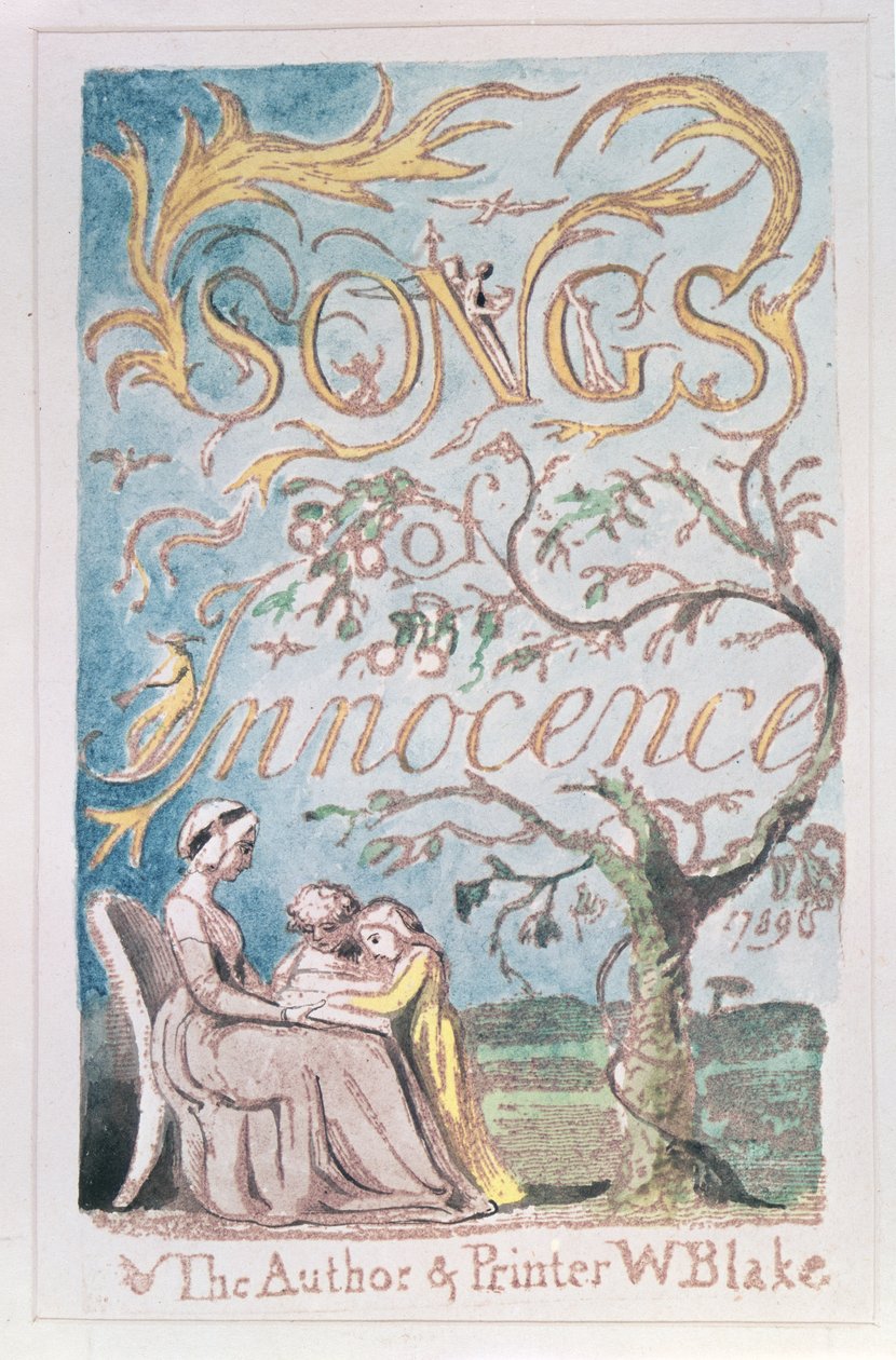 Sanger om uskyld; Tittelside, 1789 (relieff-etsing tonet med akvarell) av William Blake