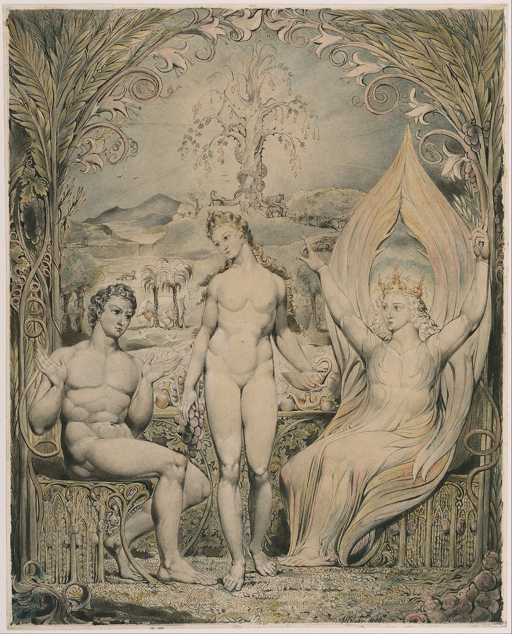 Erkeengelen Raphael med Adam og Eva (illustrasjon til Miltons Paradise Lost) av William Blake