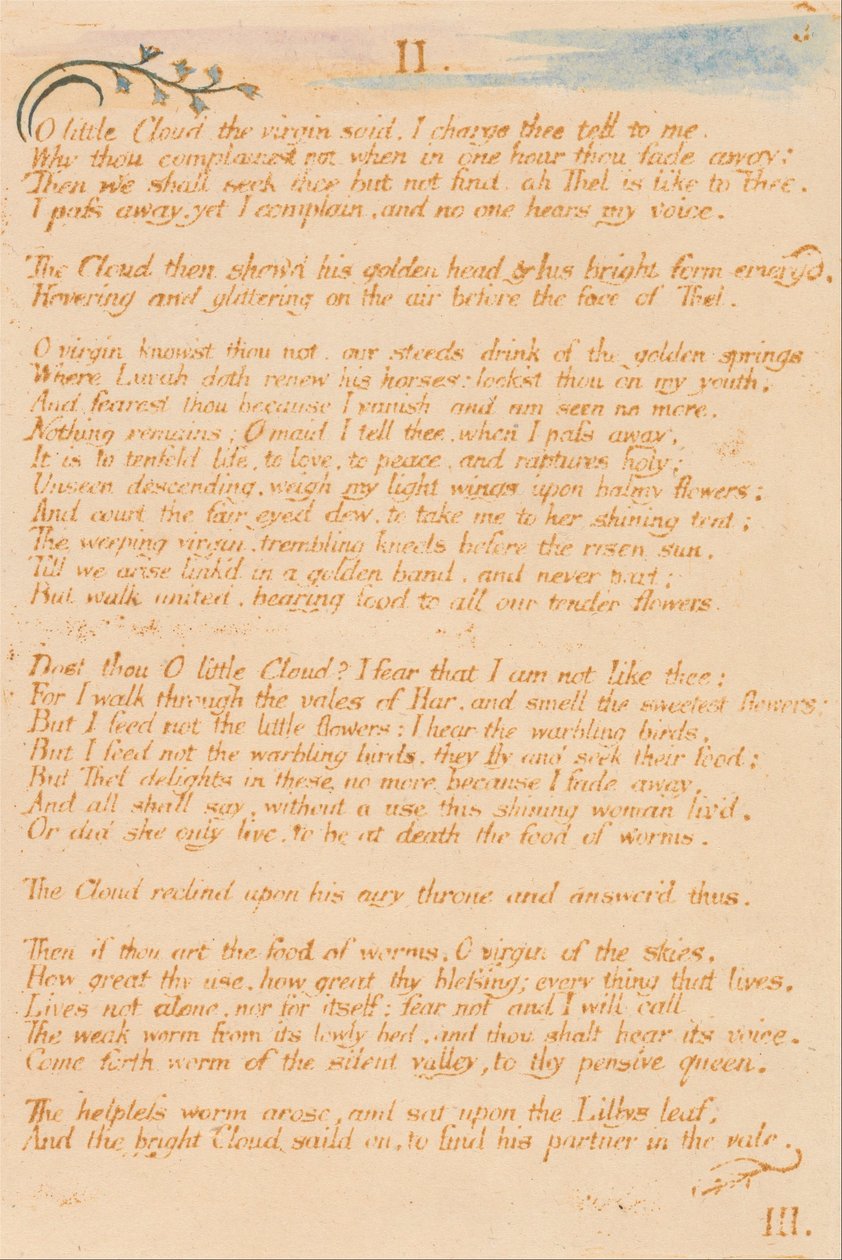 The Book of Thel, plate 5, II. , Lille sky. . . . av William Blake