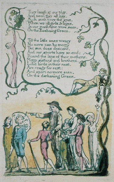 The Echoing Green, and They laugh at our play..., plate 8 fra Songs of Innocence, 1789 (håndfarget relieff etsing med akvarell) av William Blake