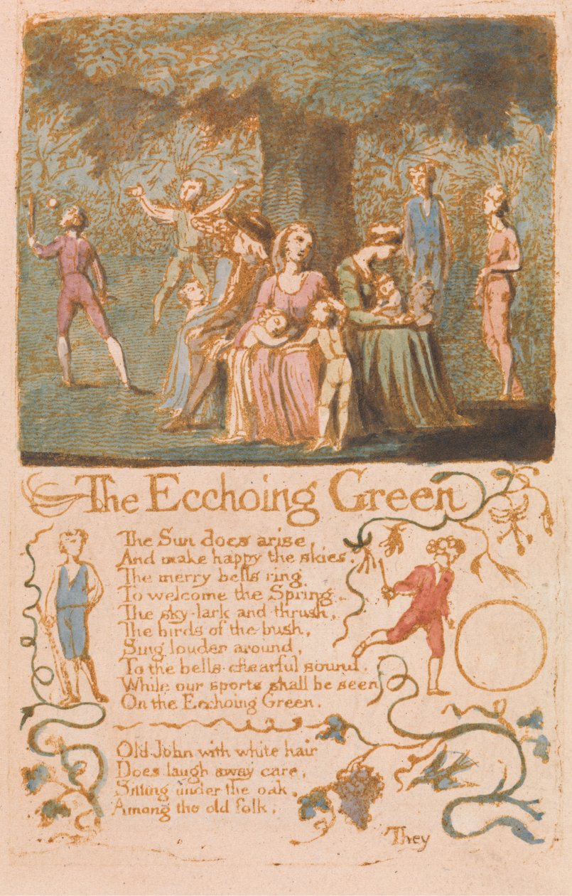 The Echoing Green, plate 10 fra Songs of Innocence, 1789 (relieff-etsing med wc på papir) av William Blake