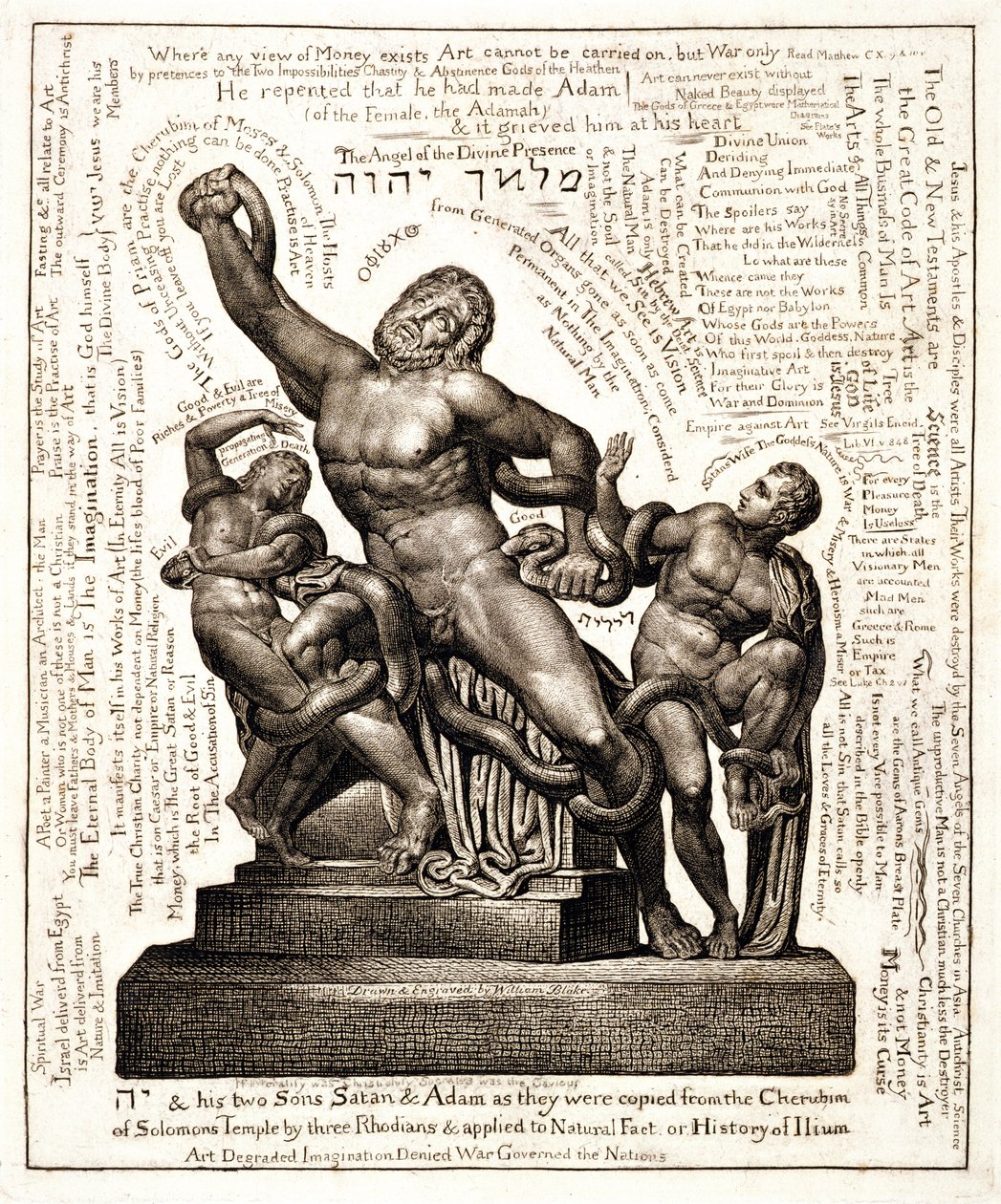 Laocoon som Jehova med Satan og Adam, ca. 1820 (linjegravering) av William Blake