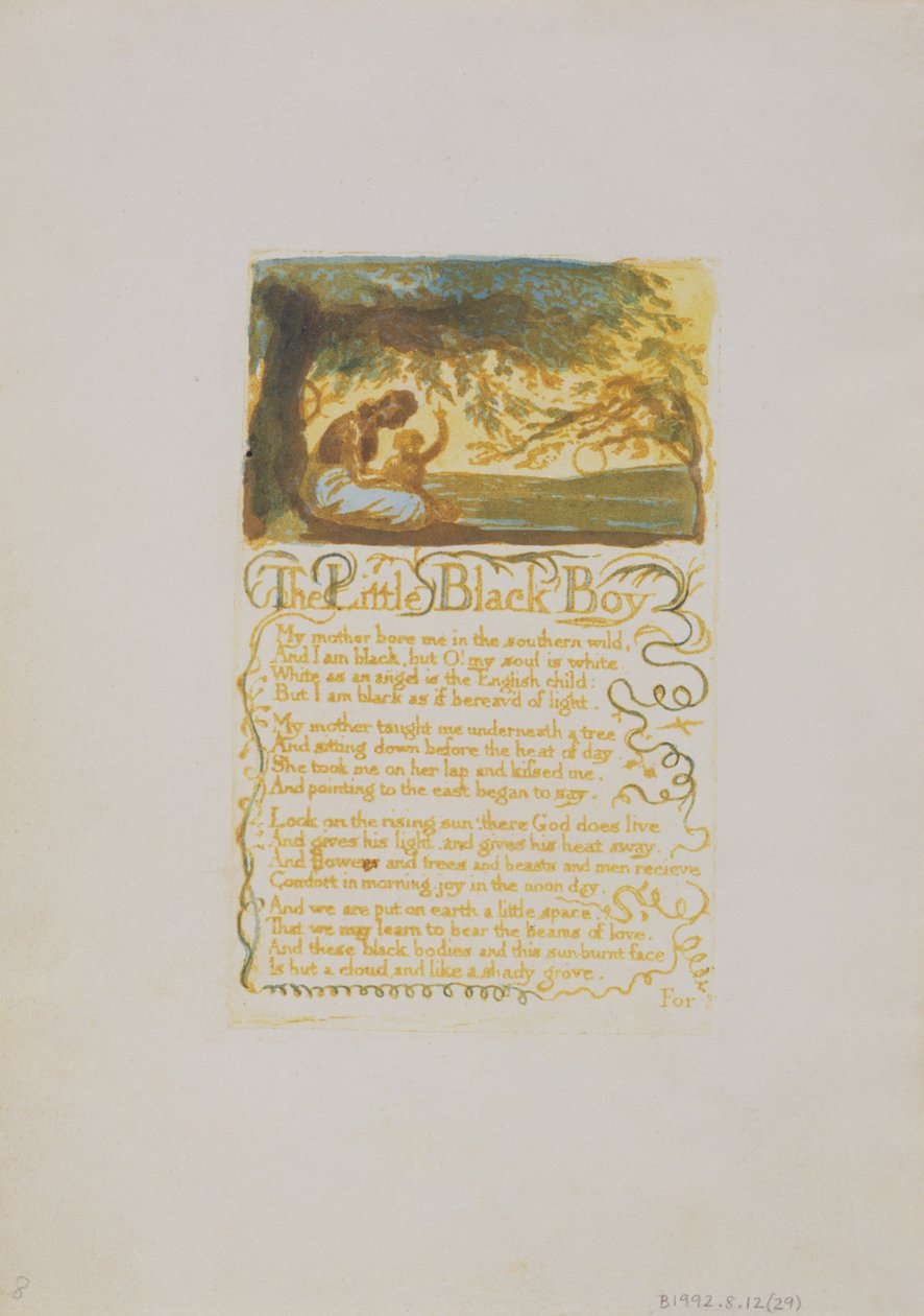 The Little Black Boy, plate 29 fra Songs of Innocence, 1789 (relieff etsing med wc) av William Blake