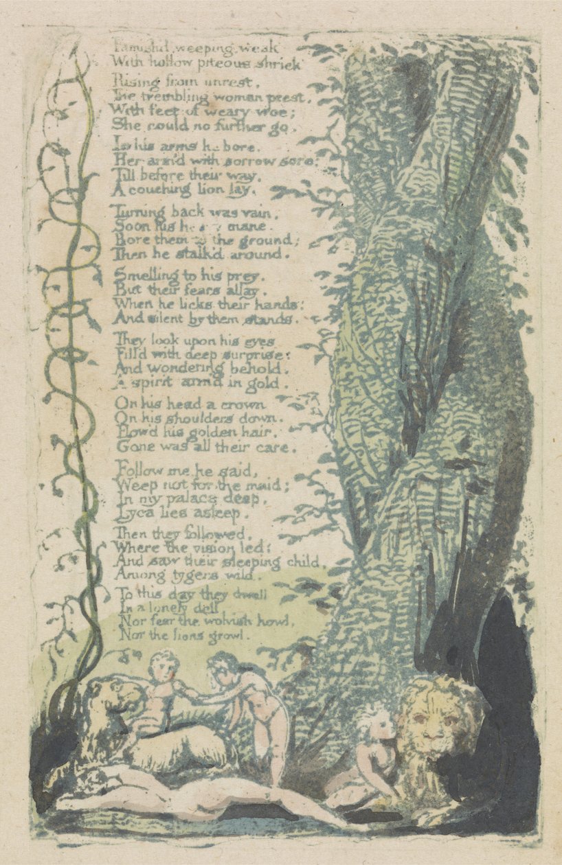 The Little Girl Found, and Famishd weeping..., plate 2 fra The Songs of Innocence, 1789 (håndfarget relieff etsing med akvarell) av William Blake