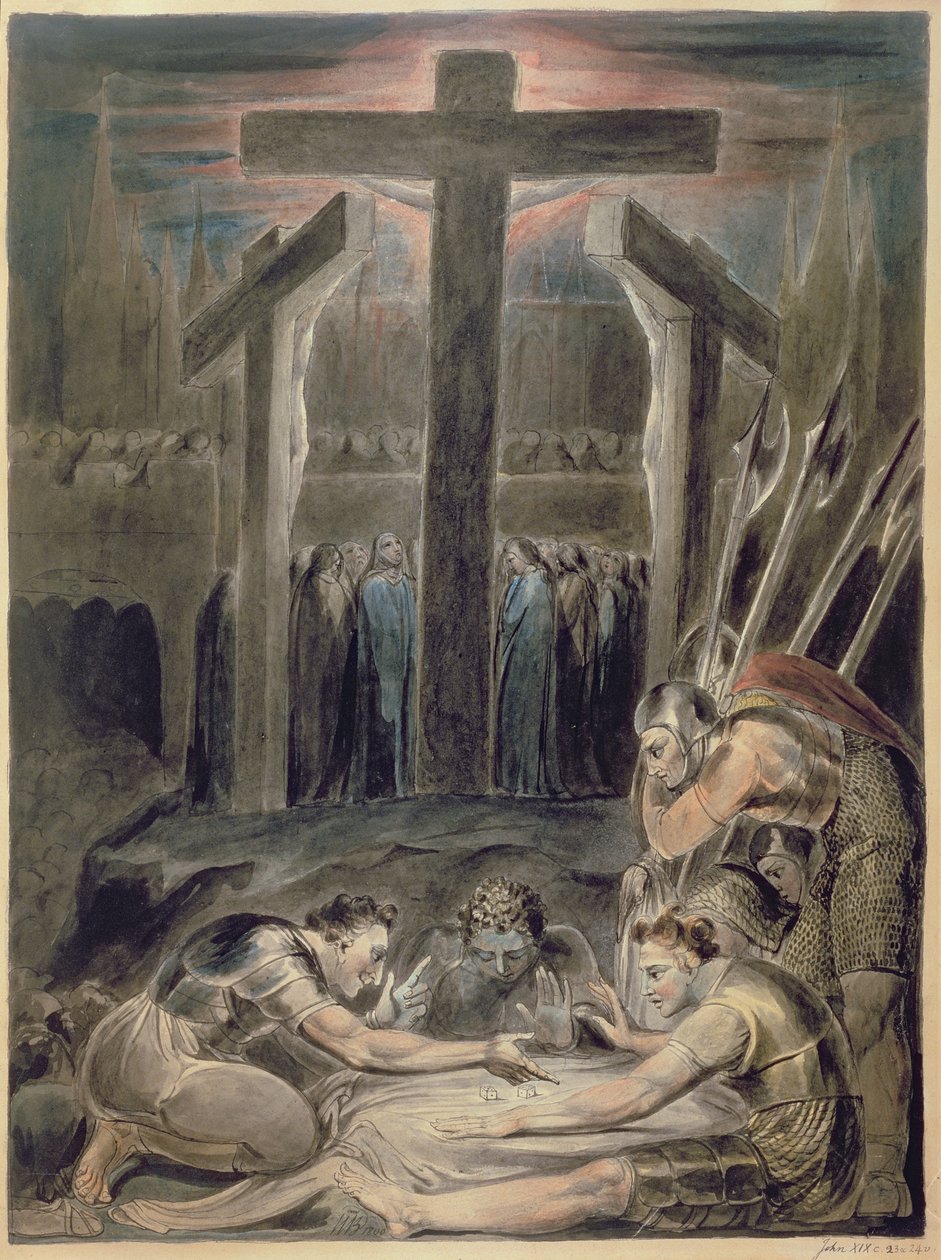Soldatene kaster lodd om Kristi klær, 1800 (penn, indisk blekk, grå vask og wc) av William Blake