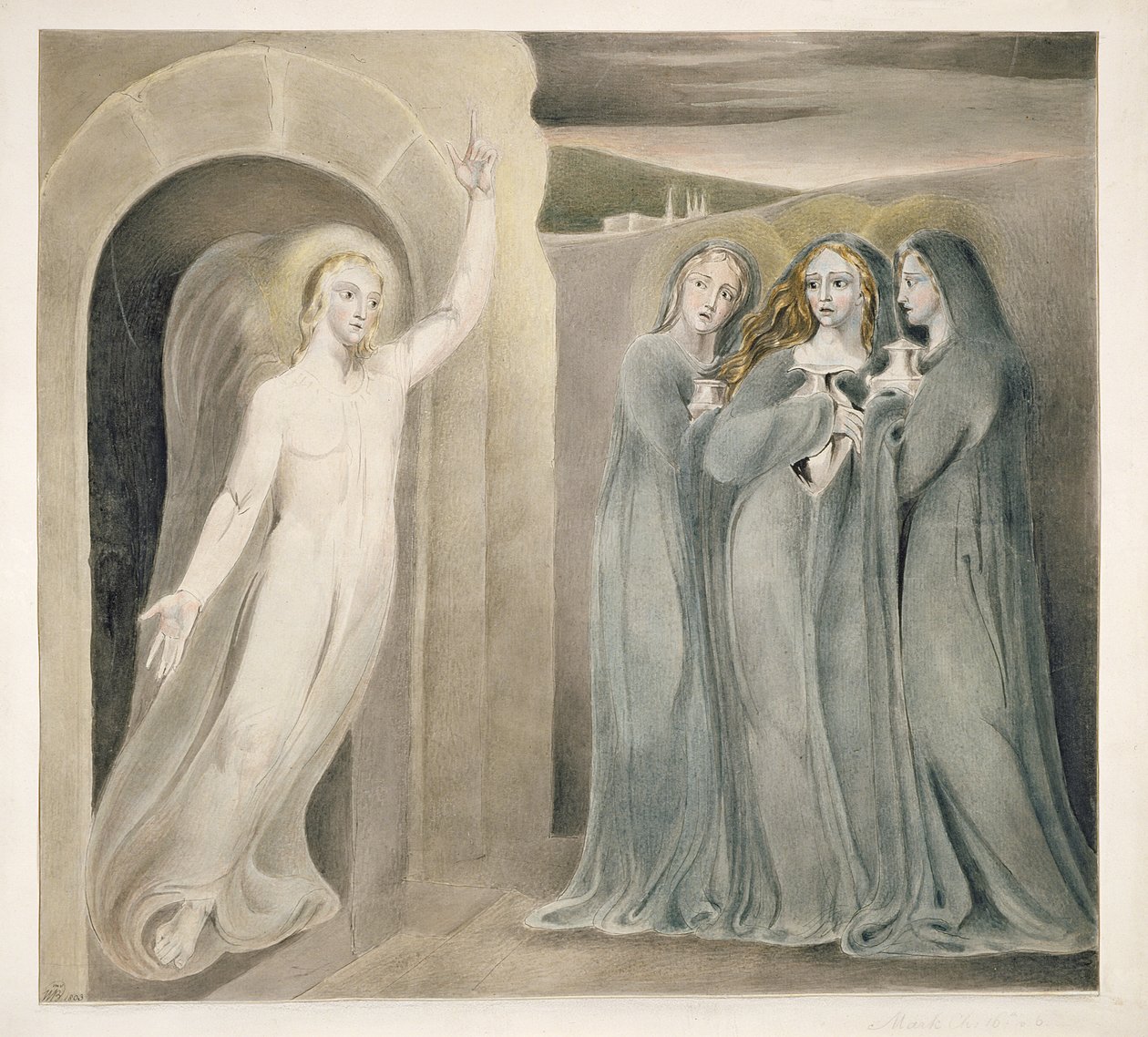 The Three Marys at the Sepulchre, ca. 1800 (penn og blekk med vask og wc på papir) av William Blake