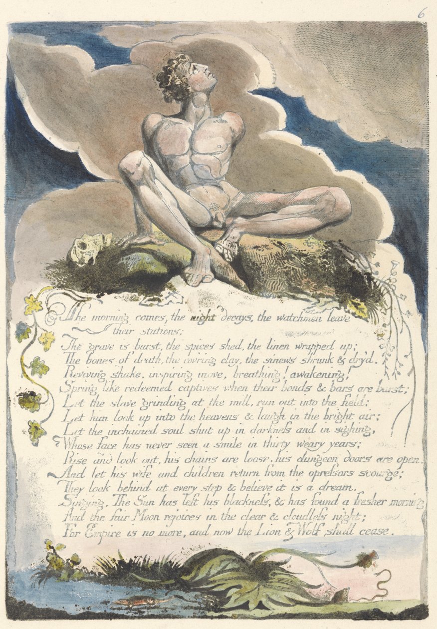 Morgenen kommer..., plate 8 fra Amerika: A Prophecy, 1793 (relieff-etsing trykt i svart med penn og blekk og wc) av William Blake