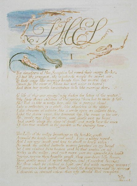 ThelIThe Daughters of Mne Seraphim..., plate 3 fra The Book of Thel, 1789 (håndfarget relieff-etsing med penn og wc på papir) av William Blake