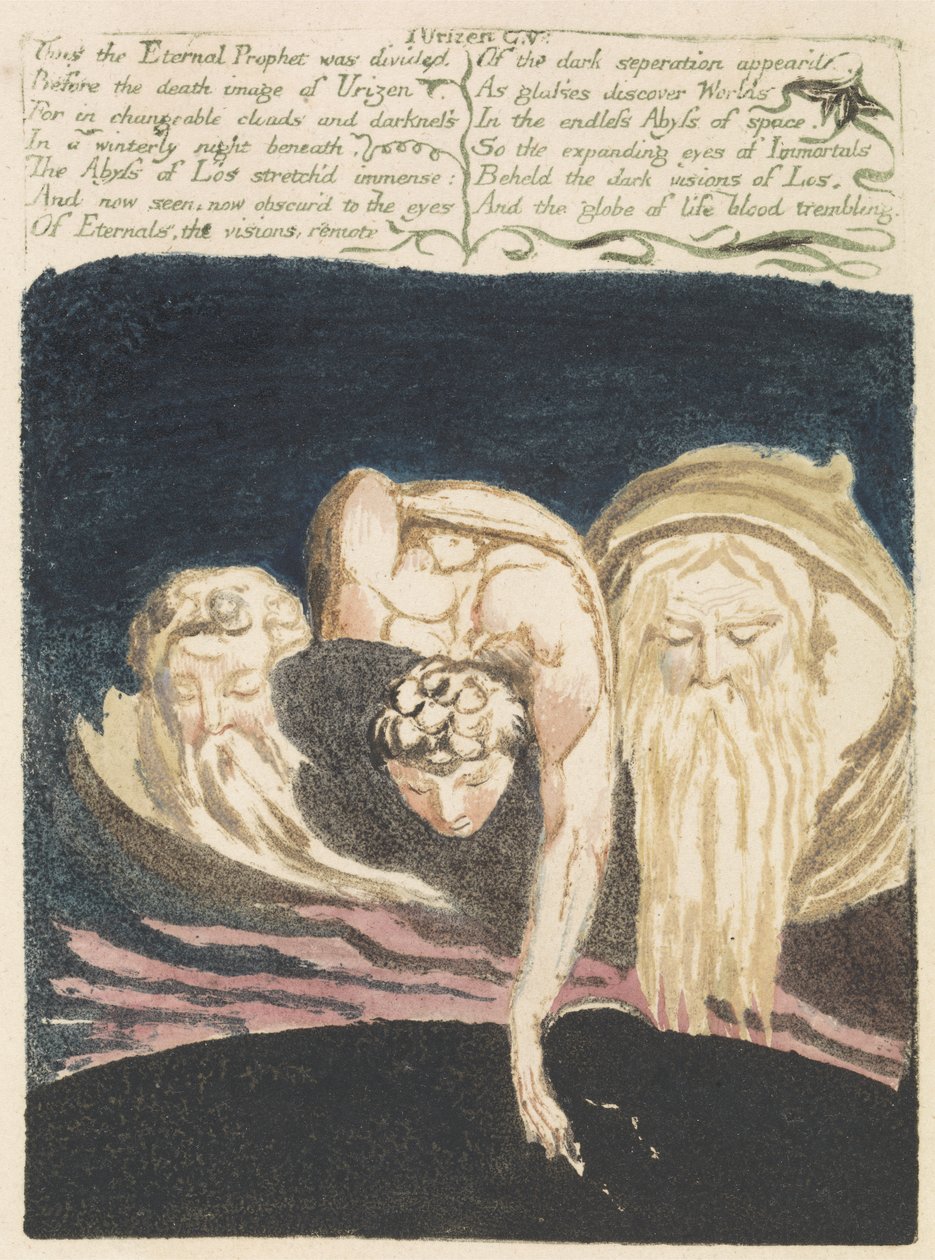Dermed ble den evige profet delt..., plate 13 fra The First Book of Urizen, 1794 (fargetrykt relieff etsing med akvarell) av William Blake