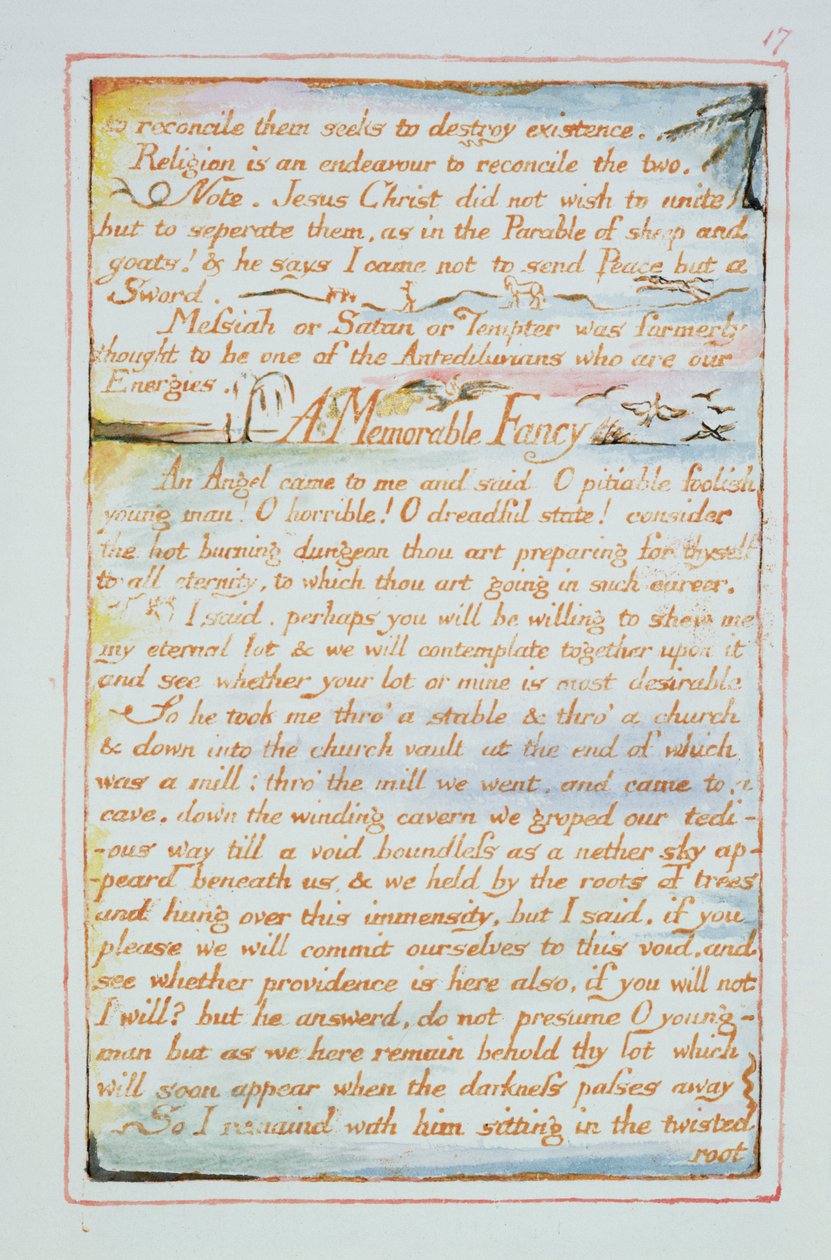 Å forsone dem søker å ødelegge tilværelsen..., tekst fra The Marriage of Heaven and Hell, ca. 1790-3 (relieff-etsing ferdig med penn og wc) av William Blake