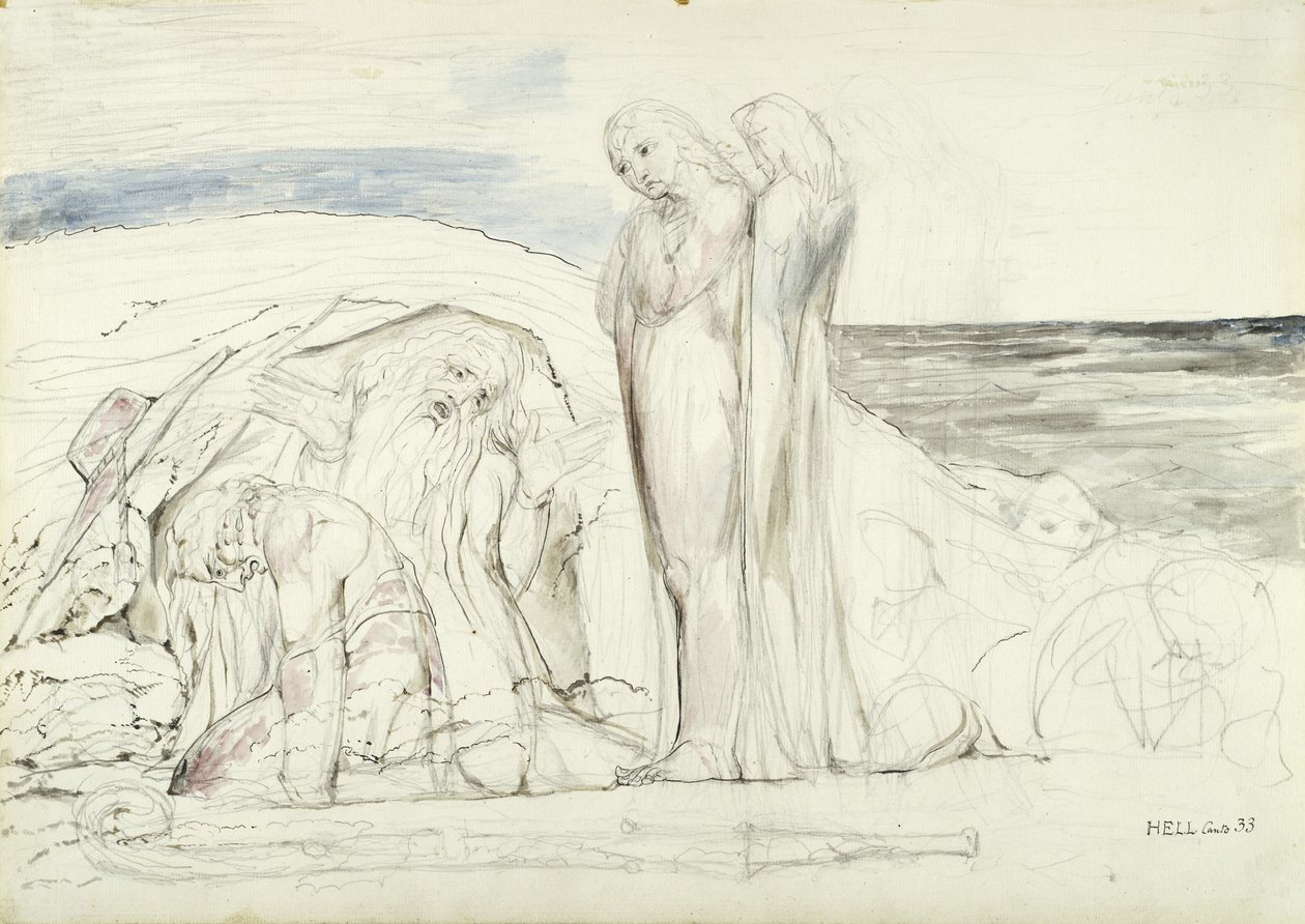 Ugolinos Narrative, illustrasjon til den guddommelige komedie av Dante Alighieri, 1824-27 (penn og blekk med wc over blyant og kritt på papir) av William Blake