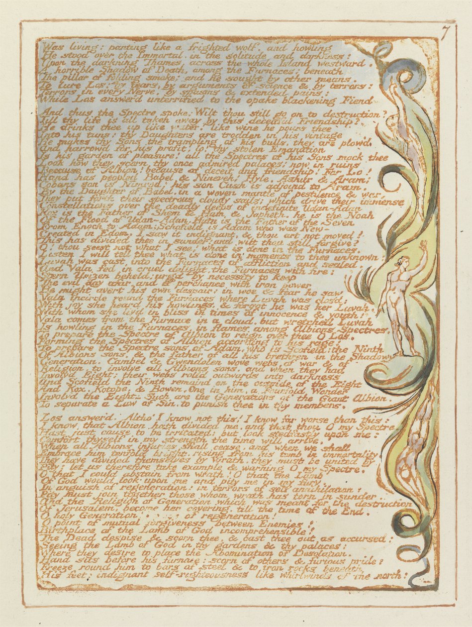 Levde: pesende..., plate 7 fra Jerusalem, 1804-20 (relieff-etsing trykt i oransje med penn og wc) av William Blake