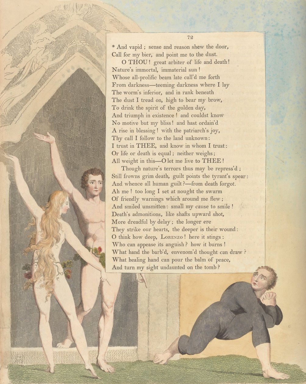 Youngs Night Tanker, Side 72, Og dumt; fornuft og fornuft viser døren av William Blake