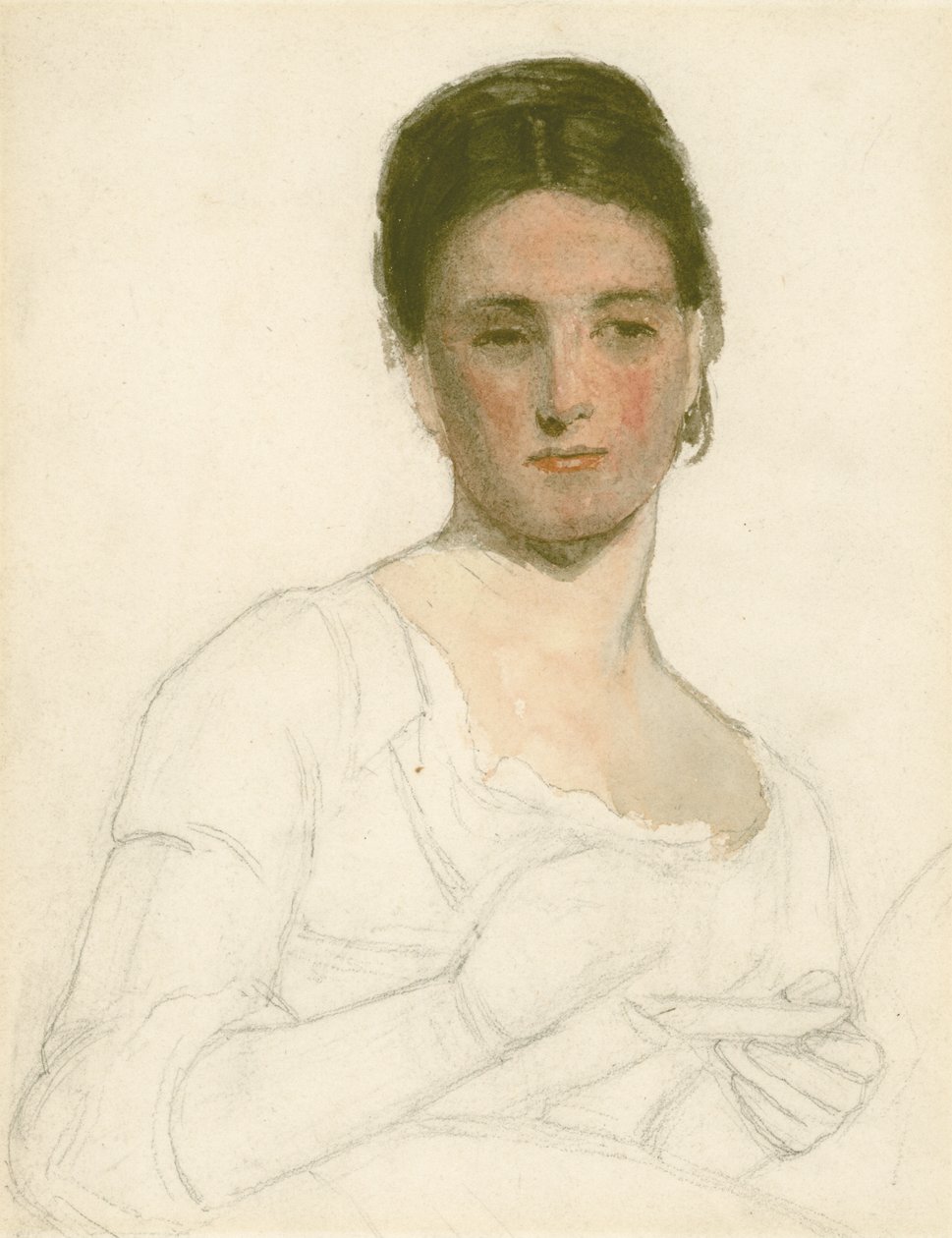 Skisse av en ung kvinne som holder en kopp og en tallerken, ca. 1875 (blyant og wc på papir) av William Morris