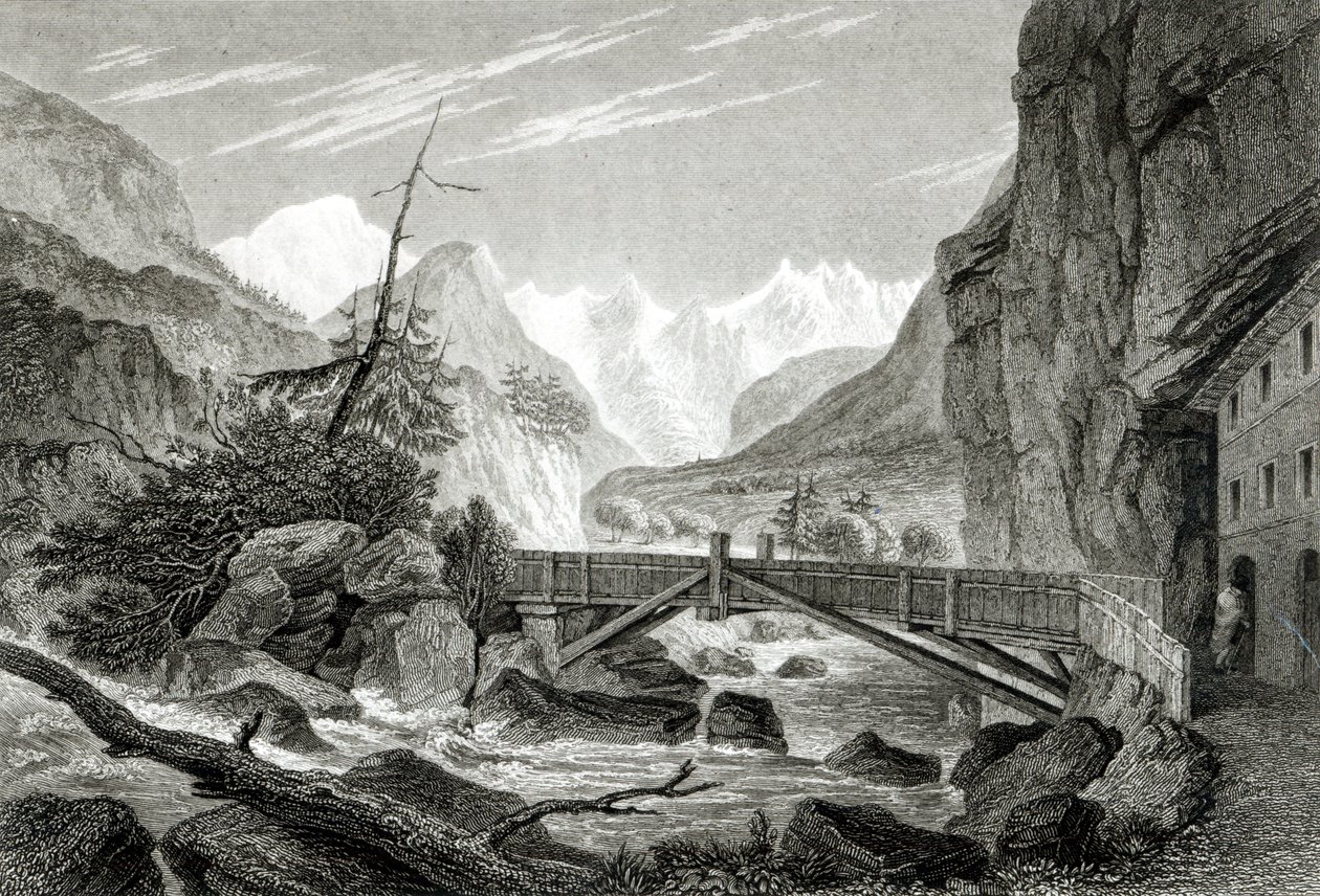 Mont Blanc fra Baths of St. Didier, gravert av C.Westwood av William Brockedon