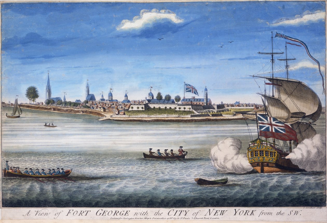 En utsikt over Fort George med byen New York fra sørvest, gravert av John Carwitham, ca. 1764 håndfarget gravering av William Burgis